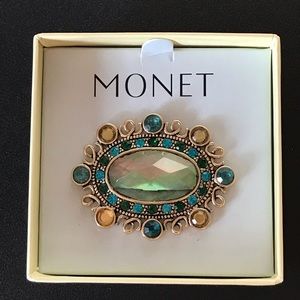 MONET stunning oval teal and gold stone pin brooch like new IOB